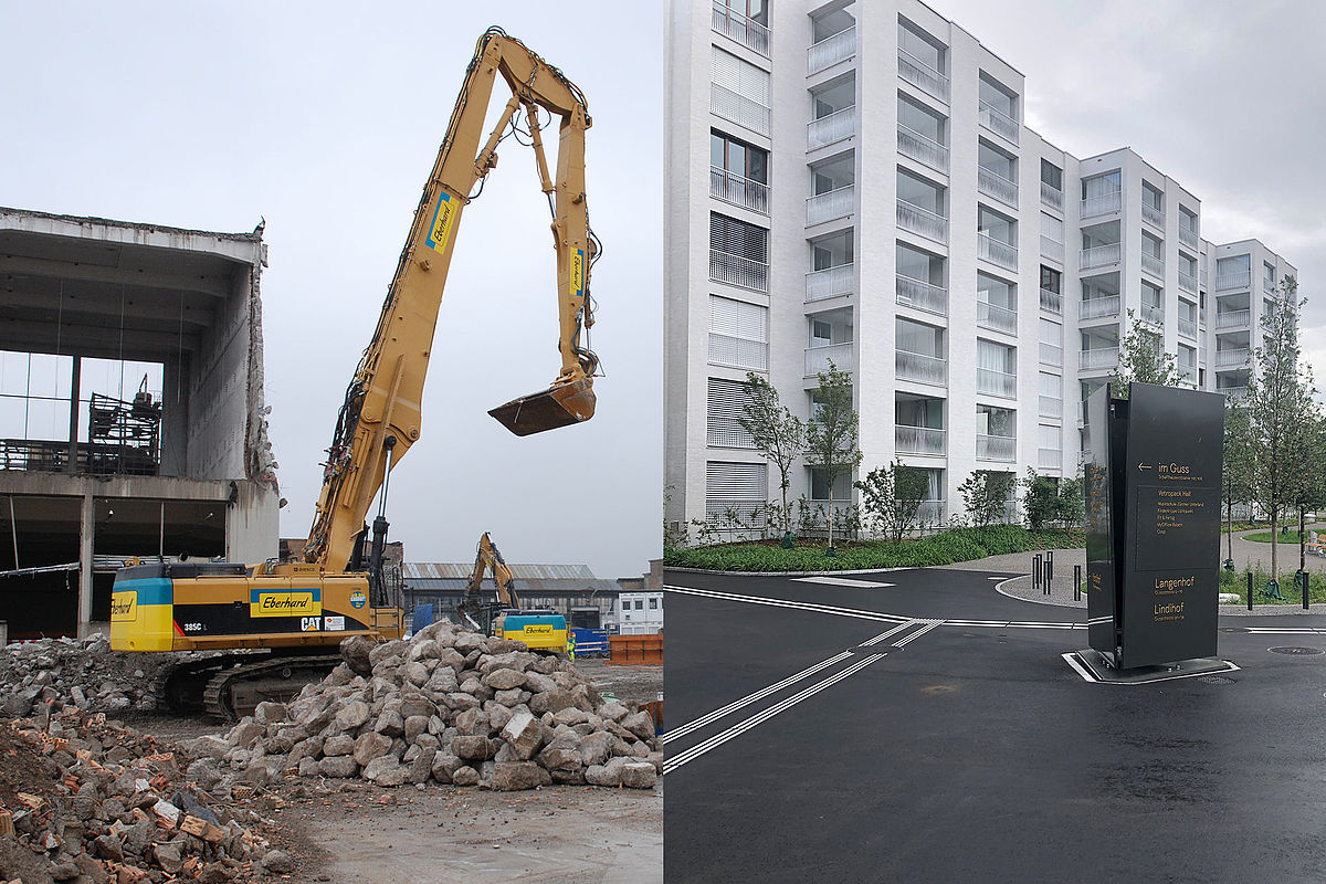 Links; der Abbruch der Anlage auf dem Areal Bülach Guss. Rechts: Der Neubau Bülach Guss.